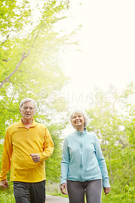 Buy stock photo Elderly couple, happy and portrait for fitness, wellness or walking in nature or bonding together. Senior people, smile and exercise in retirement for health, workout or training as pensioner in park