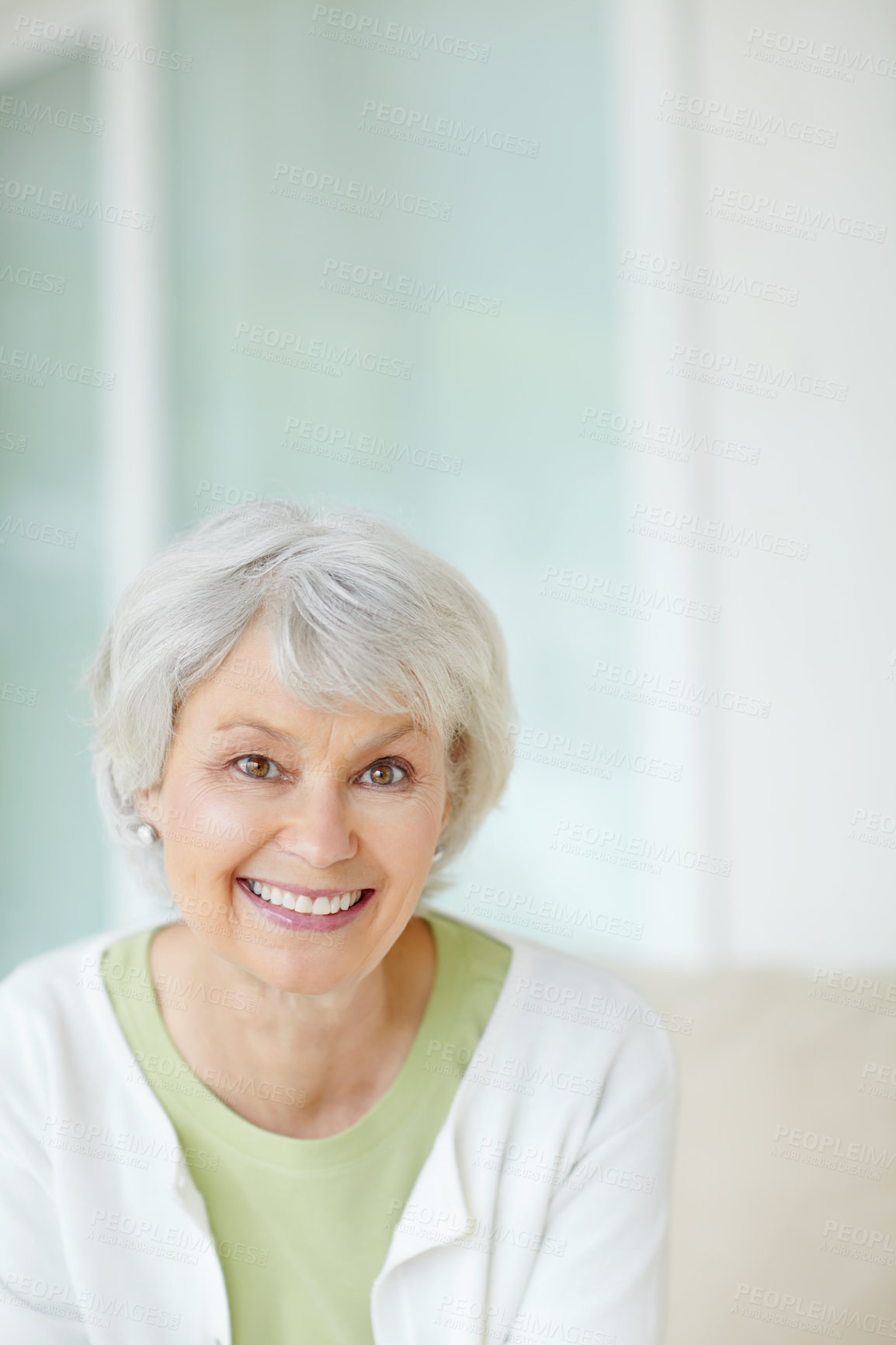 Buy stock photo Smile, senior woman and relax on sofa in home living room with care, portrait and retirement break. Happy, elderly pensioner and weekend for rest, confidence and house lounge for person on couch