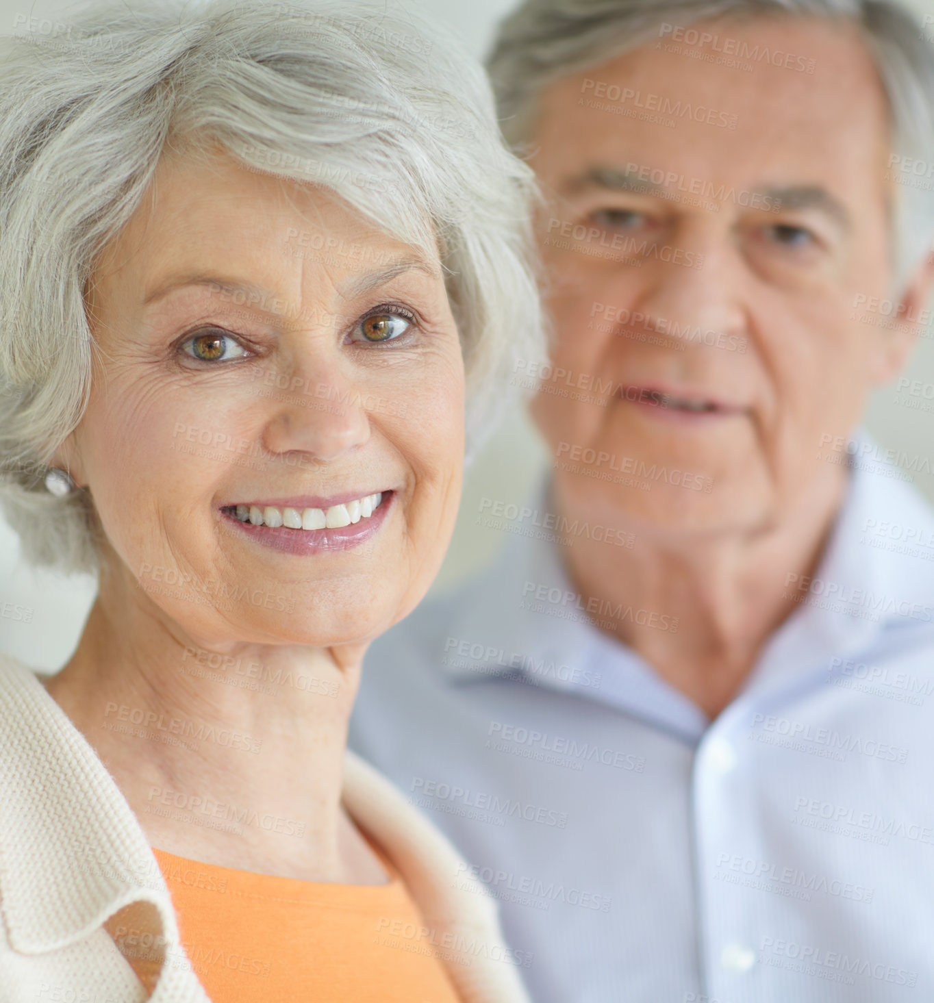 Buy stock photo Elderly couple, portrait and happy with smile in home for love, retirement and romantic connection. Senior woman, man and face with care in house for bonding, marriage and peace on weekend together