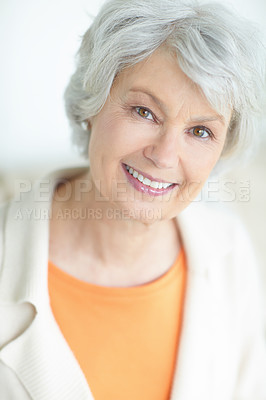 Buy stock photo Smile, elderly woman and relax on couch in home living room with grandma, portrait and and retirement break. Happy, senior person and weekend for rest, confidence and house lounge for memory on sofa