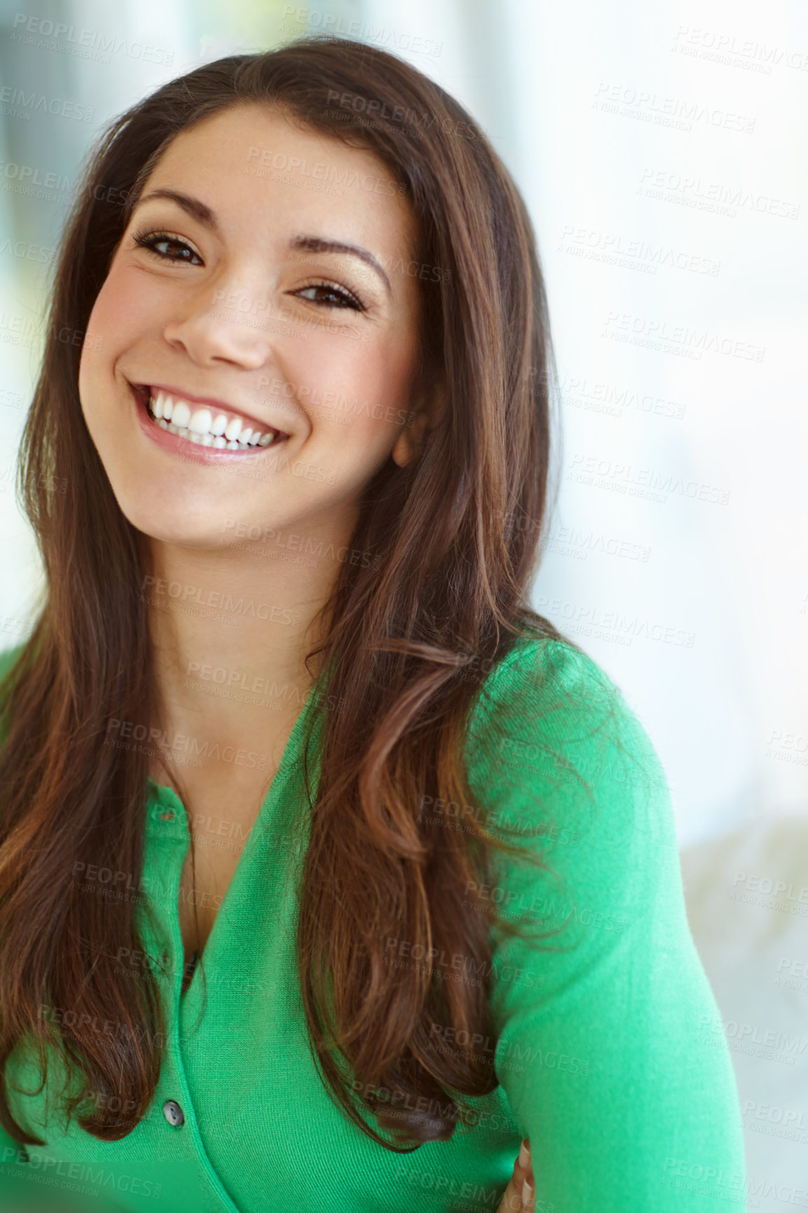 Buy stock photo Happy, portrait and woman in house, relax and confident in new apartment, smile and break in home. Cheerful, morning and joy in weekend, proud and peace for person, chilling and girl in Australia