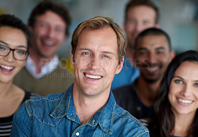 Buy stock photo Copywriter, portrait and funny with business people laughing together in creative office at work. Collaboration, happy and friends for men, woman or employee group joking and working as team support