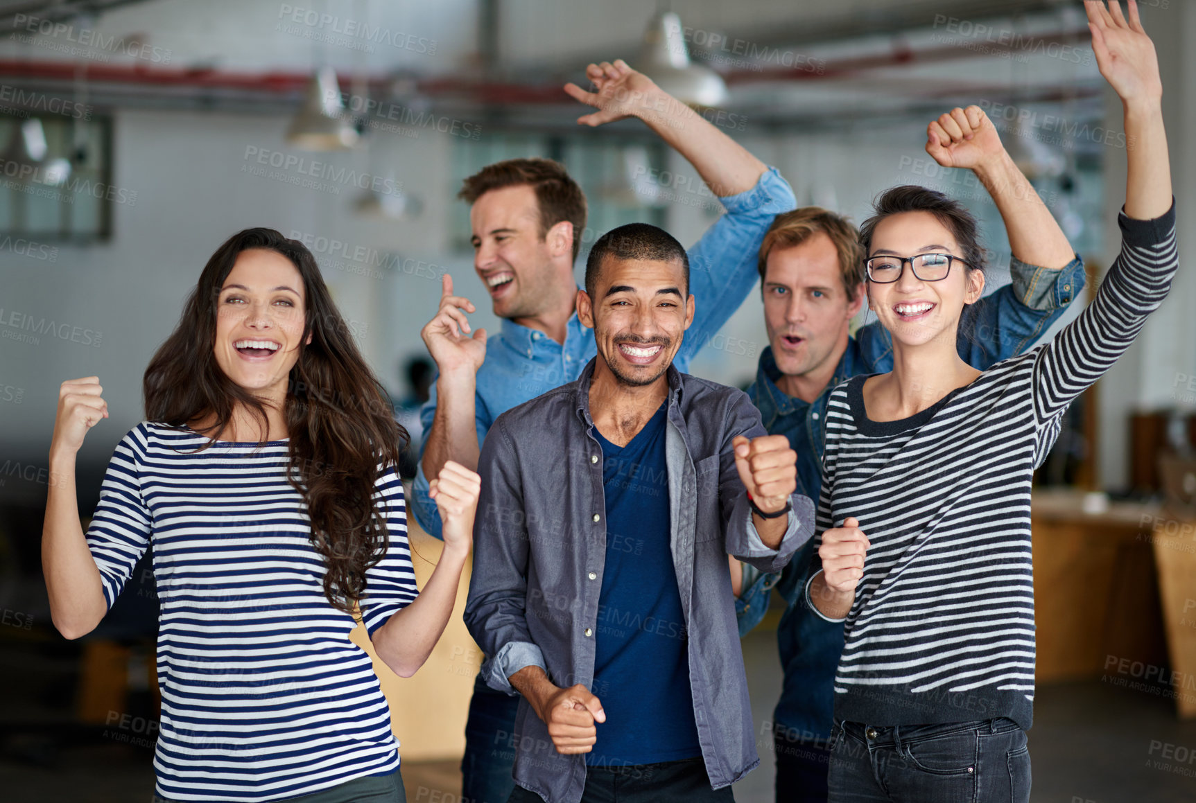 Buy stock photo Happy group of office workers celebrating together