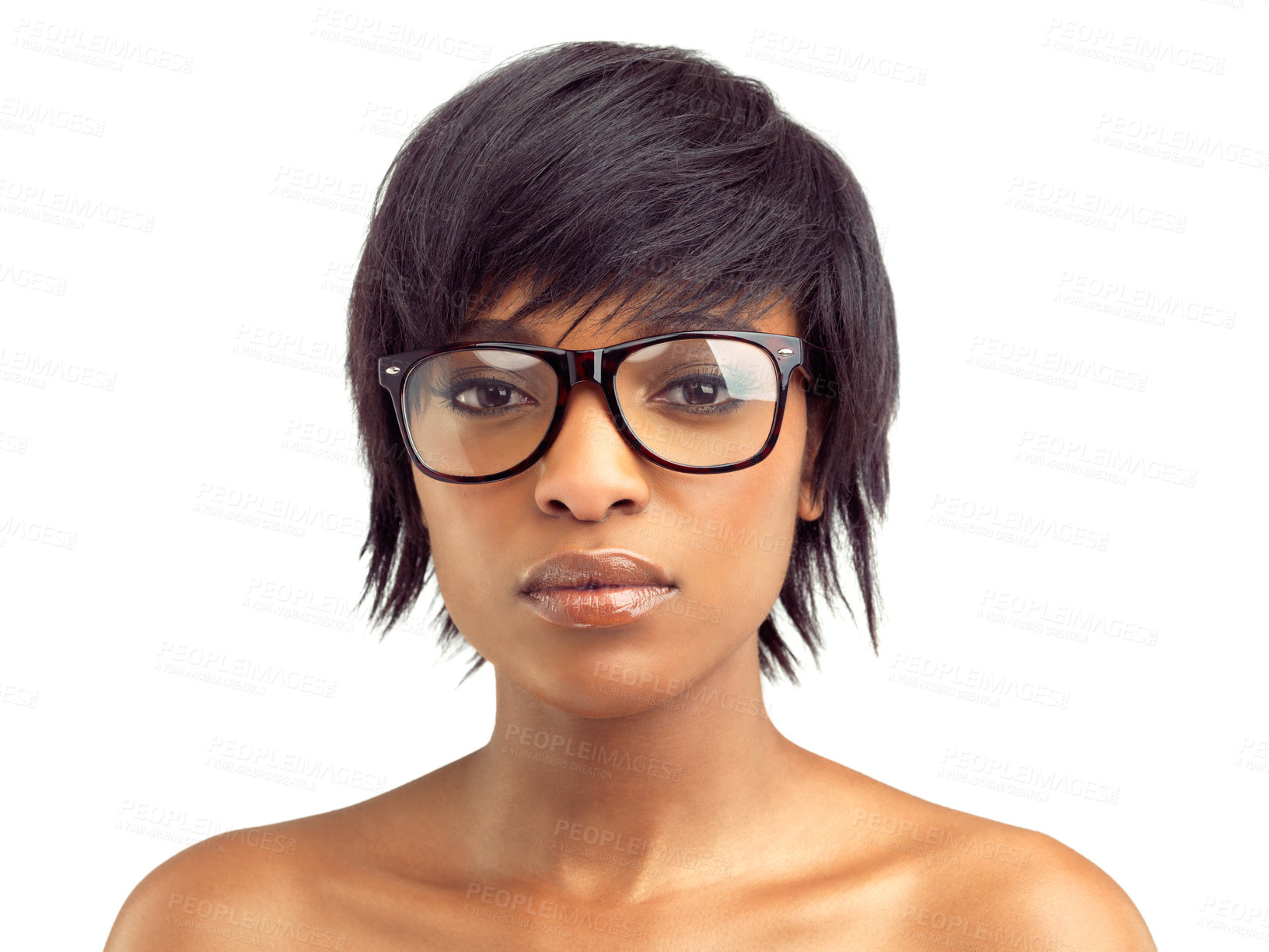 Buy stock photo Black woman, portrait and spectacles on against studio white background for confidence, vision and eyewear. Female person, prescription or glasses on isolated on backdrop for stylish and trendy