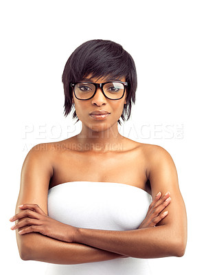 Buy stock photo African woman, confidence and portrait in studio with glasses for beauty, optometry and vision. Black girl, face and serious with eyewear for eye care, wellness and mockup space on white background