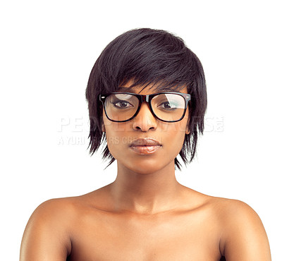 Buy stock photo African woman, portrait and confidence in studio with glasses for beauty, optometry and vision. Black girl, face and serious with eyewear for eye care, wellness and spectacles on white background