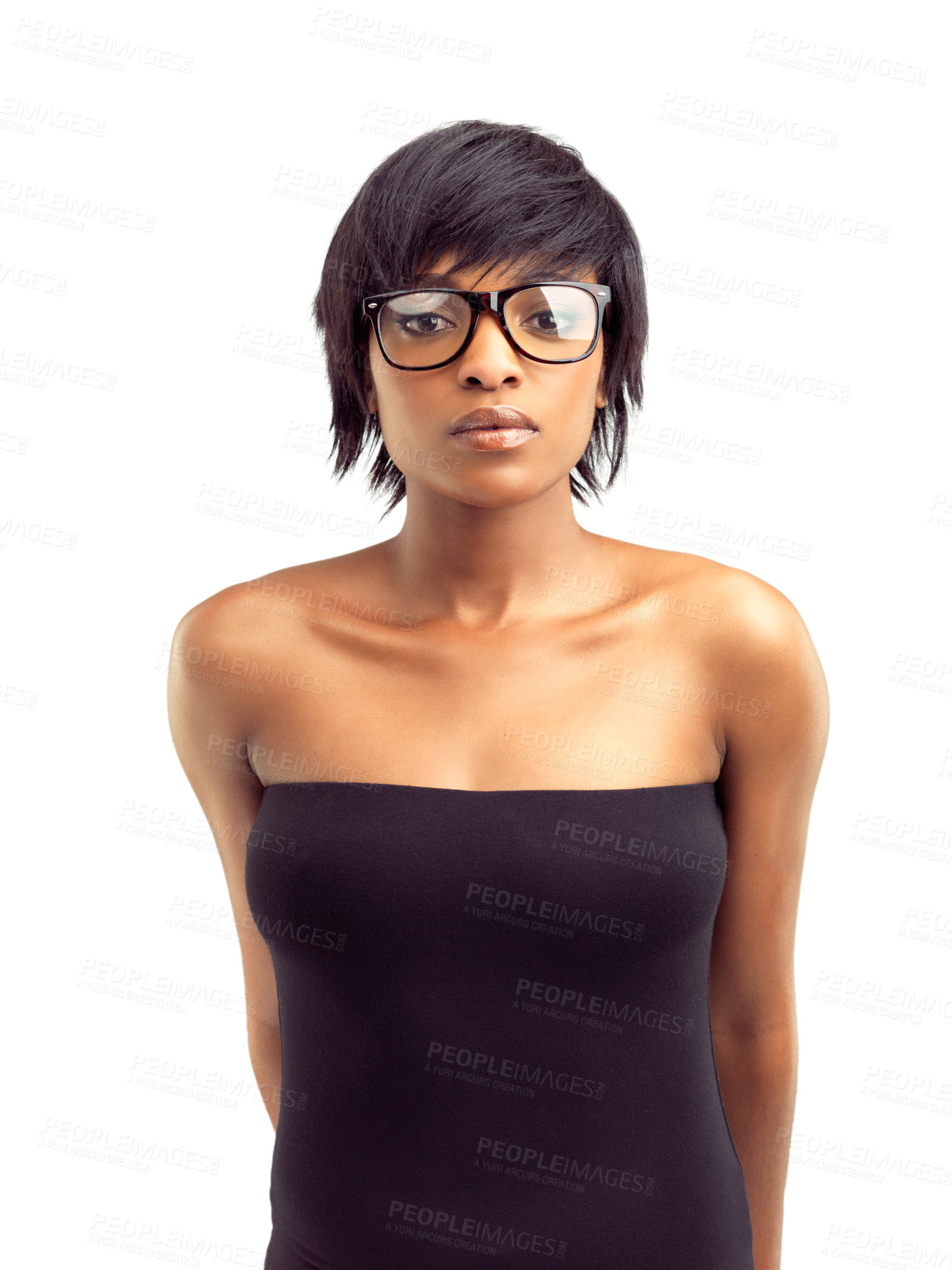 Buy stock photo Black woman, portrait and glasses in studio or eye care vision on white background, spectacles or prescription. Female person, face and sight health with frame lenses for optometry, wellness or style