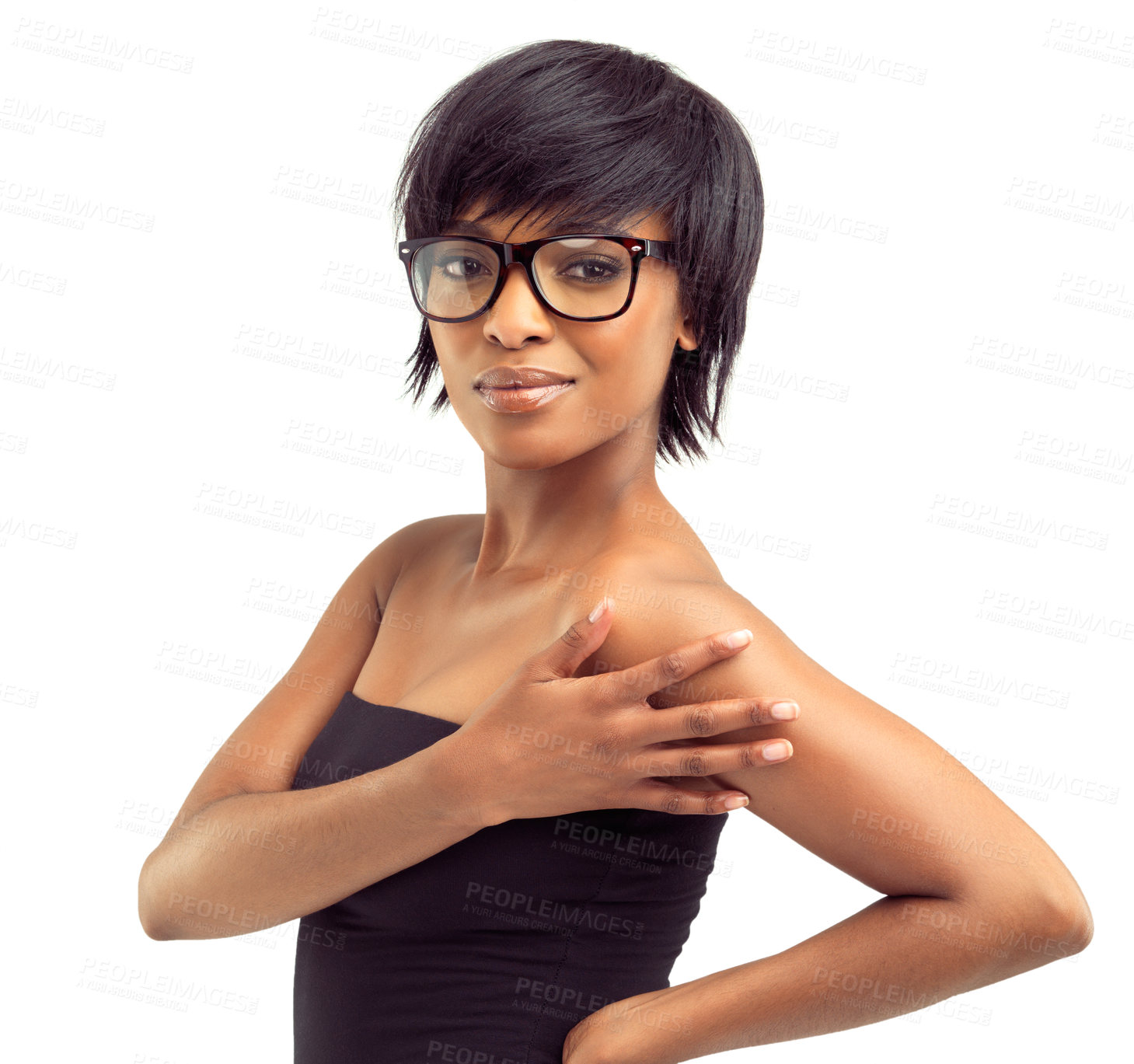 Buy stock photo Studio, portrait and pride of black woman with glasses, eye care and clear vision for optometry by mockup. Girl, student or spectacles as prescription, wellness or eyewear to read by white background