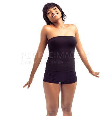 Buy stock photo Studio, black woman and excited with beauty for skincare glow, pride and energy with confidence. Isolated model, African girl or happiness for natural shine or dermatology results on white background