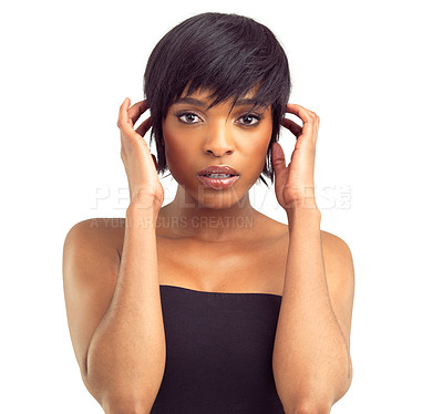 Buy stock photo Fashion, portrait and beauty for black woman on a white background with confidence, calm and attitude. Beauty, face of isolated girl on makeup and glamour, cosmetics and trendy clothes in studio