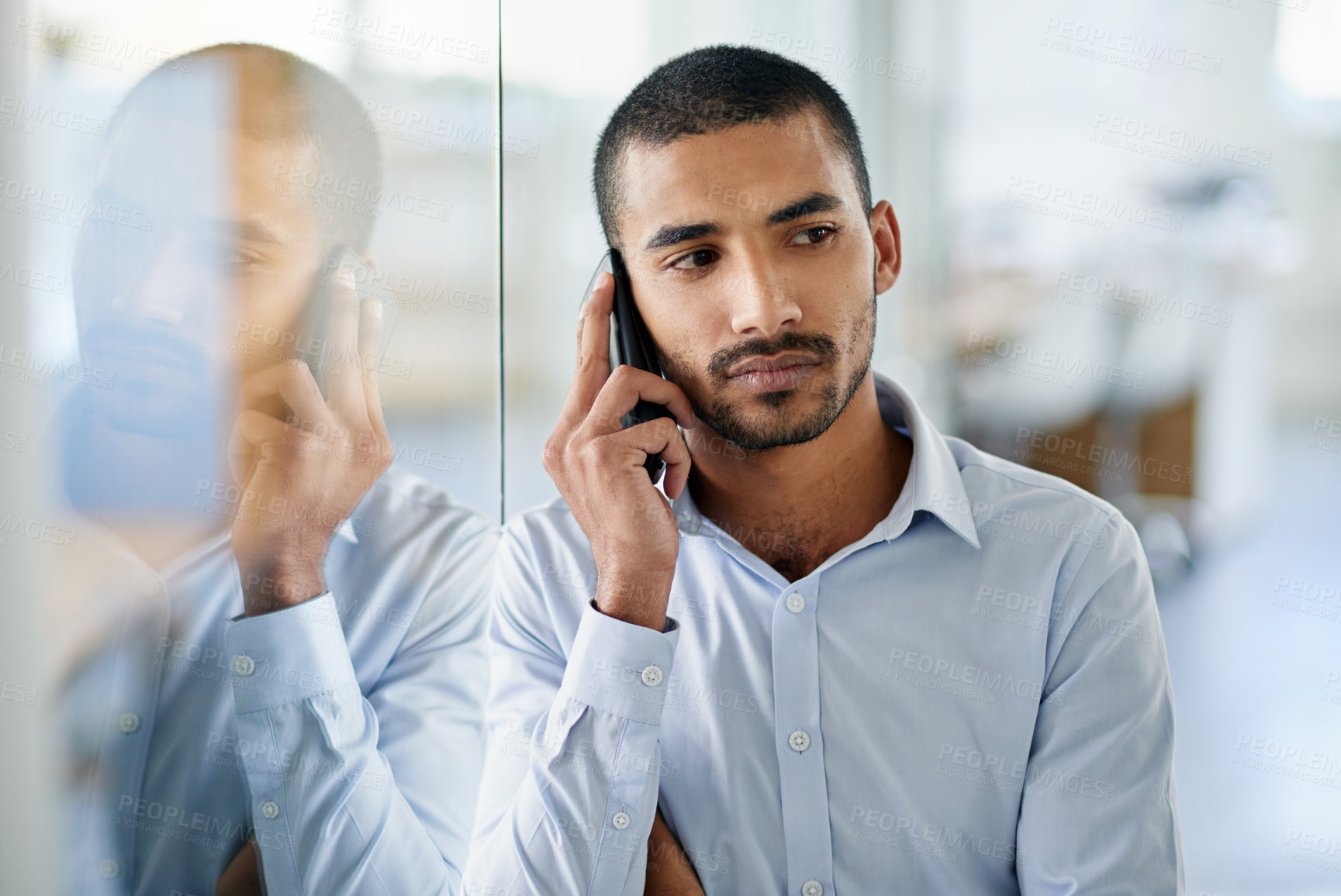 Buy stock photo Businessman, thinking and phone call in office with idea in discussion to real estate client. Project, ideas and contact entrepreneur for feedback chat, communication of news and planning decision