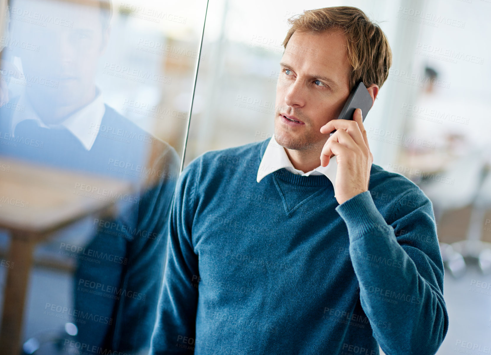 Buy stock photo Businessman, thinking and planning in office with phone call to client with real estate decision or feedback. Property, realtor and chat to contact with idea for future in business, deal or investor