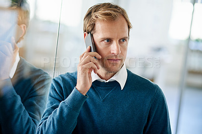 Buy stock photo Man, thinking and planning in office with phone call to client with feedback on real estate investment. Property, realtor and chat to contact with ideas for future decision in business or development