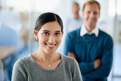Buy stock photo Portrait, woman and pride in office for start up project, consultant and happy for collaboration in business. Female person, financial advisor and accountant in workplace for new company or client
