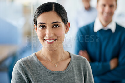 Buy stock photo Portrait, Indian woman and happy as employee in office for career or job growth with opportunity. Female person, smile and confident with pride as graphic designer in startup company or business