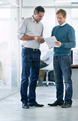 Buy stock photo Men, employee and paperwork at office for collaboration, teamwork and information as project manager. People, partners and feedback with document for report, reviews and startup company or business