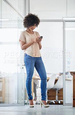 Buy stock photo Typing, smartphone and business woman in office for reading email, networking or browsing website. Professional, human resources and female employee for communication, social media or information