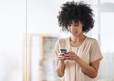 Buy stock photo Reading, mobile and business woman in office for sending email, networking or browsing website. Professional, human resources and person with smartphone for communication, social media or information