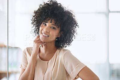 Buy stock photo Portrait, businesswoman and face with smile in office by leaning on glass at workplace as human resources. Working, female person and happiness in business, corporate or startup with positivity