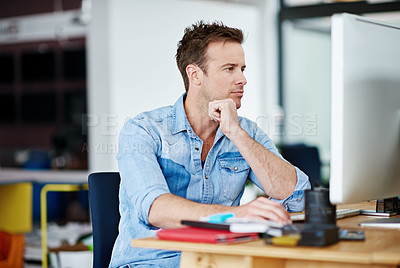 Buy stock photo Man, office and thinking on computer with research for creativity, designs and ideas for project as graphic designer. Employee, working and desktop in desk in startup business or agency with deadline