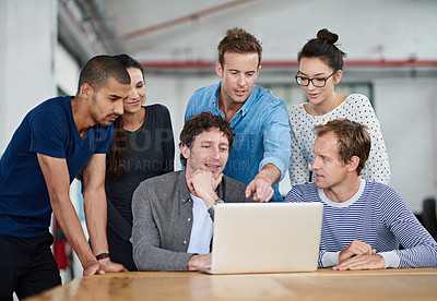 Buy stock photo Internship, employee and office with laptop for teamwork, collaboration and training with mentor. Support, help and learning with technology for career growth, progress and pointing as web designer
