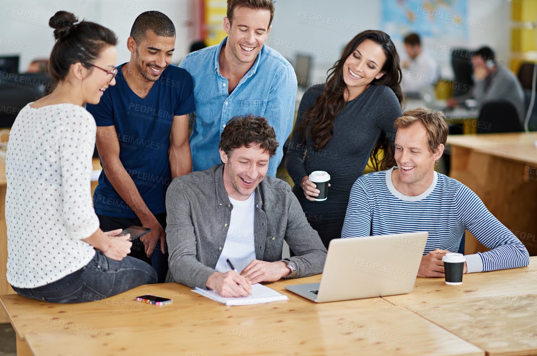 Buy stock photo Notepad, people and happy at office for teamwork and collaboration as graphic designers. Laptop, employee and brainstorming for strategy, planning and idea with notes for project, task and deadline