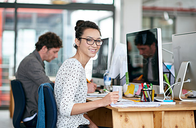 Buy stock photo Portrait, woman and happy with notepad in office for career or job growth with opportunity. Employee, smile and satisfied with pride as graphic designer with computer, desk and notes for training