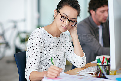 Buy stock photo Office, woman and writing on notepad for notes and information as graphic designer. Computer, employee and intern for report, planning and idea for project, task and deadline with research at work
