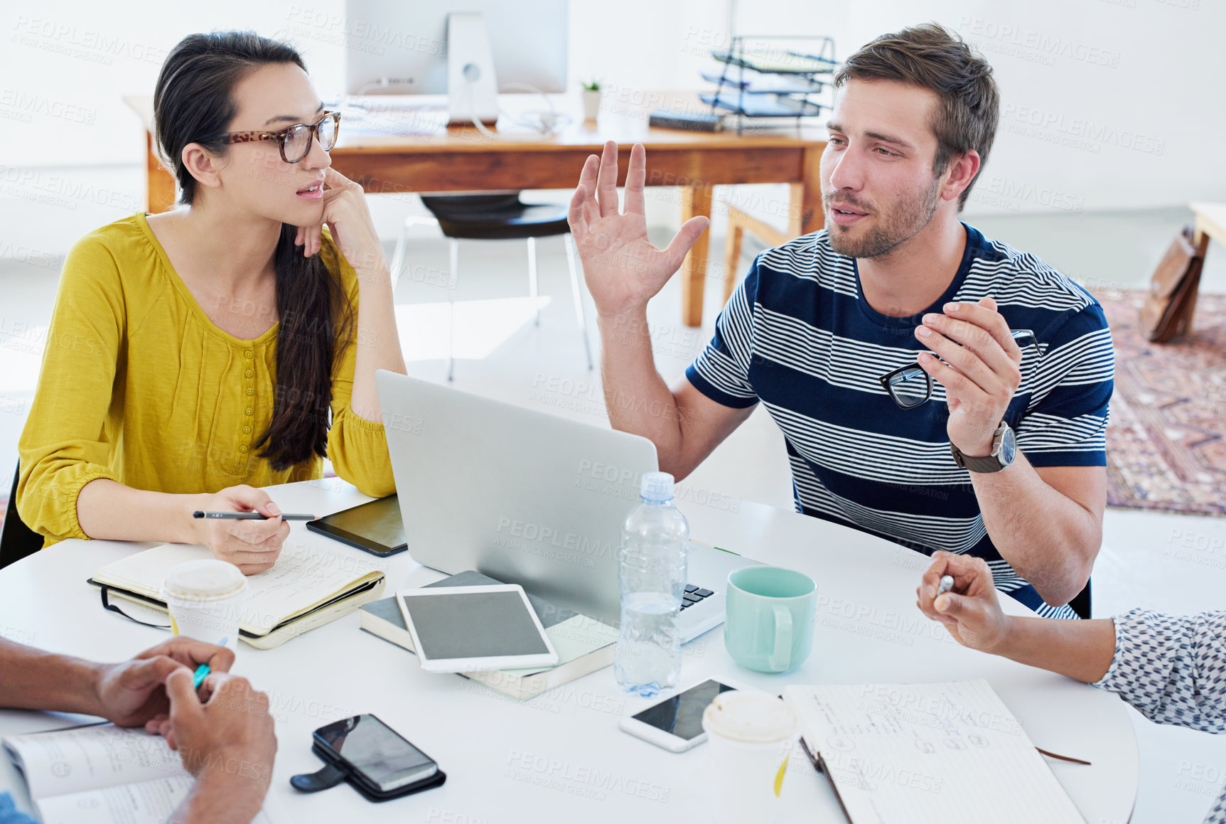 Buy stock photo Laptop, discussion and team of business people in meeting for brainstorming startup ideas. Group manager, collaboration and project strategy for training, planning and creative copywriter coaching