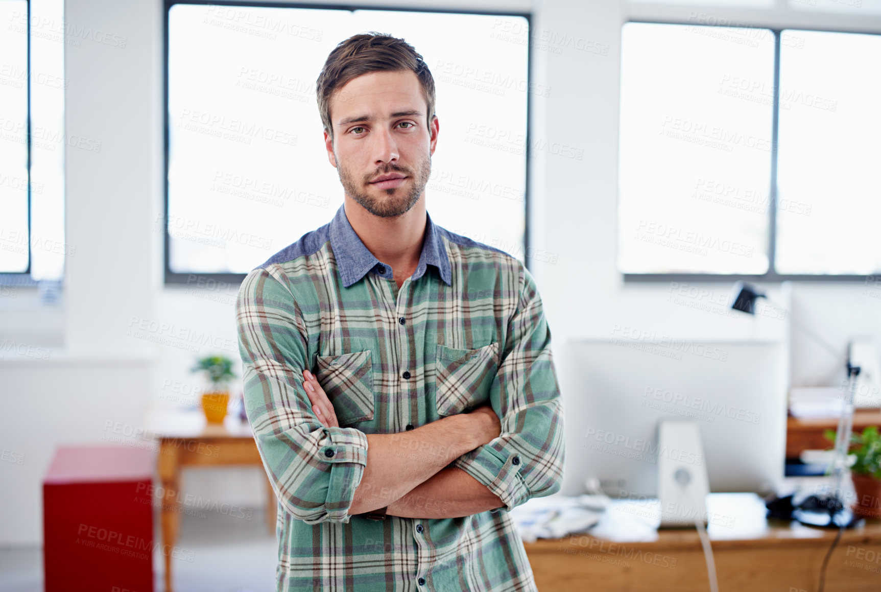 Buy stock photo Portrait, serious and business man with arms crossed in office for career, job or pride at work. Face, confident and creative professional entrepreneur, employee or copywriter at startup in Australia