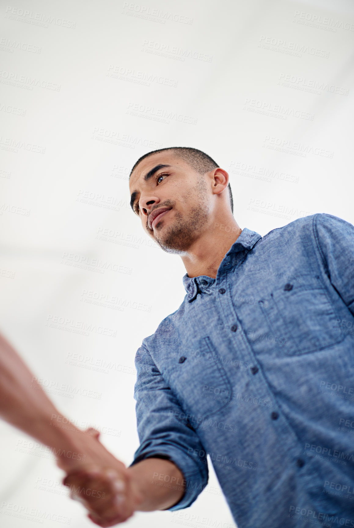 Buy stock photo Low angle, handshake or business people with teamwork, cooperation or partnership with thank you. Closeup, employees or colleagues shaking hands, collaboration or meeting with b2b deal or contract