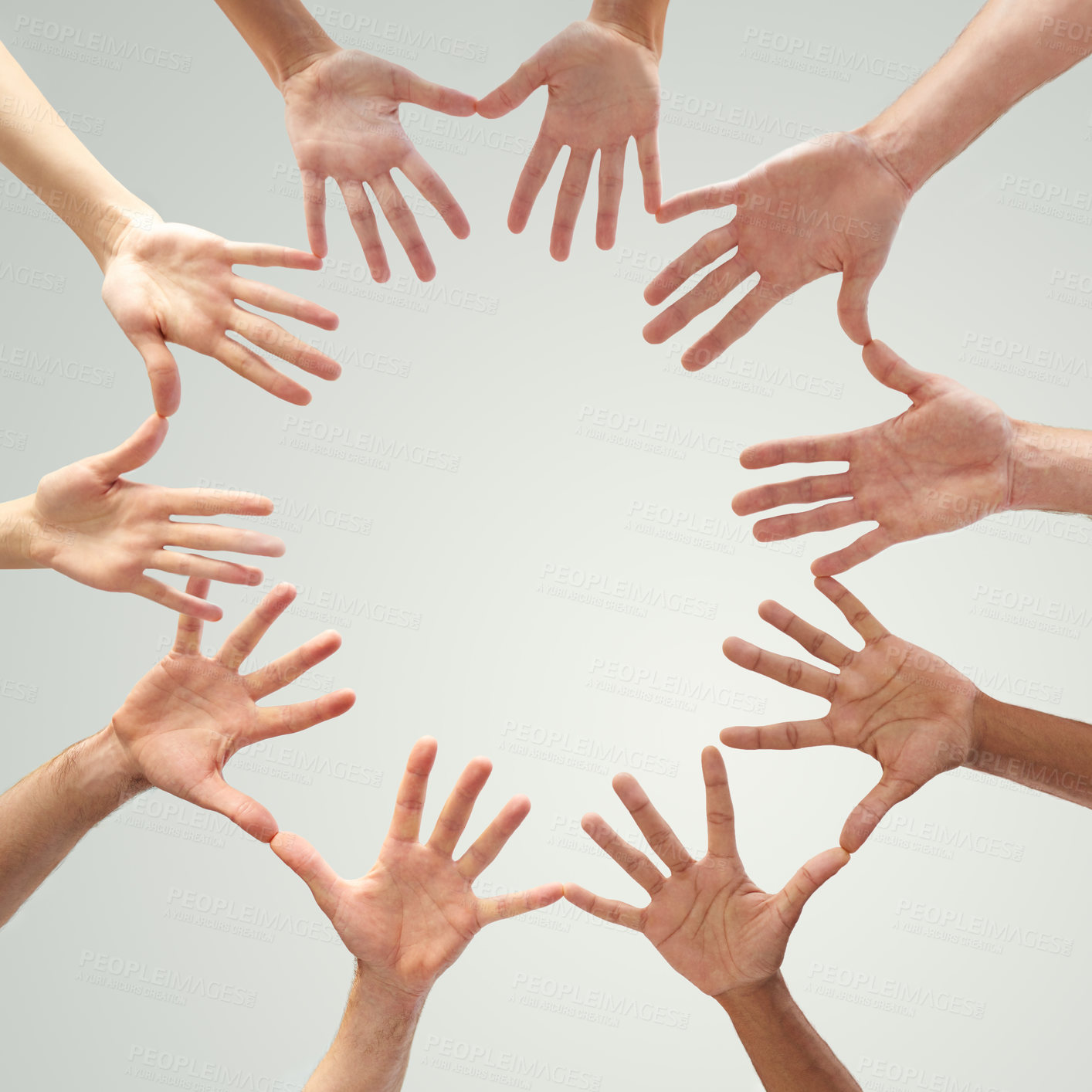 Buy stock photo Connection, trust and hands of people in circle for community, open palm and collaboration. Fingers, low angle and mockup with round shape on white background for solidarity, teamwork and support