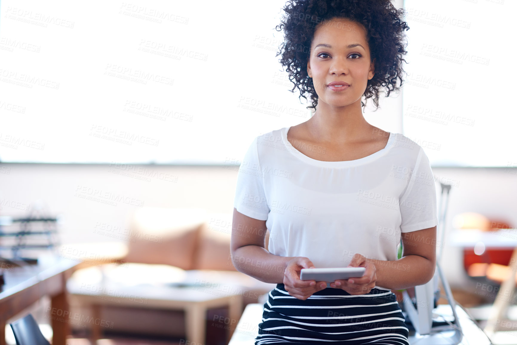 Buy stock photo Black woman, portrait and tablet in office with planning for digital agency, career and company work. Tech, happy and social media manager in workplace for campaign management or performance metrics