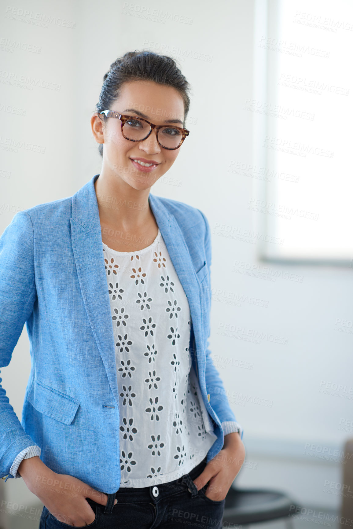 Buy stock photo Office, professional and portrait of business Asian woman with company pride, confidence and smile. Creative workspace, startup agency and happy worker for career, job ambition and work opportunity