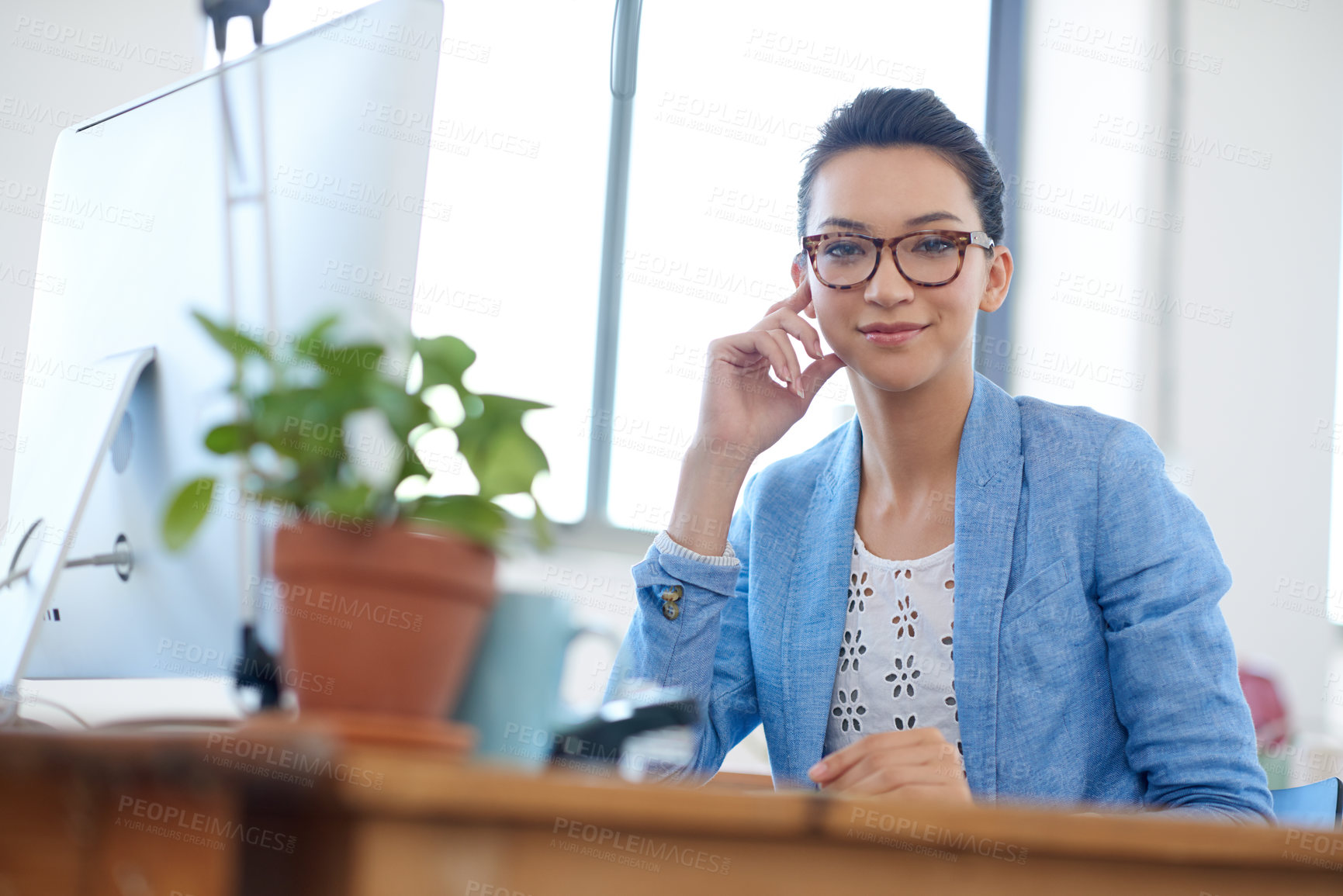 Buy stock photo Computer, confident and portrait of woman by desk for digital communication, website and research. Writer, smile and employee with monitor in office for copywriting, schedule and creative career