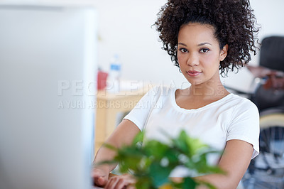 Buy stock photo Portrait, startup or African woman on computer for digital project development or problem solving. Web designer, solution or serious female person typing on technology in creative agency or business