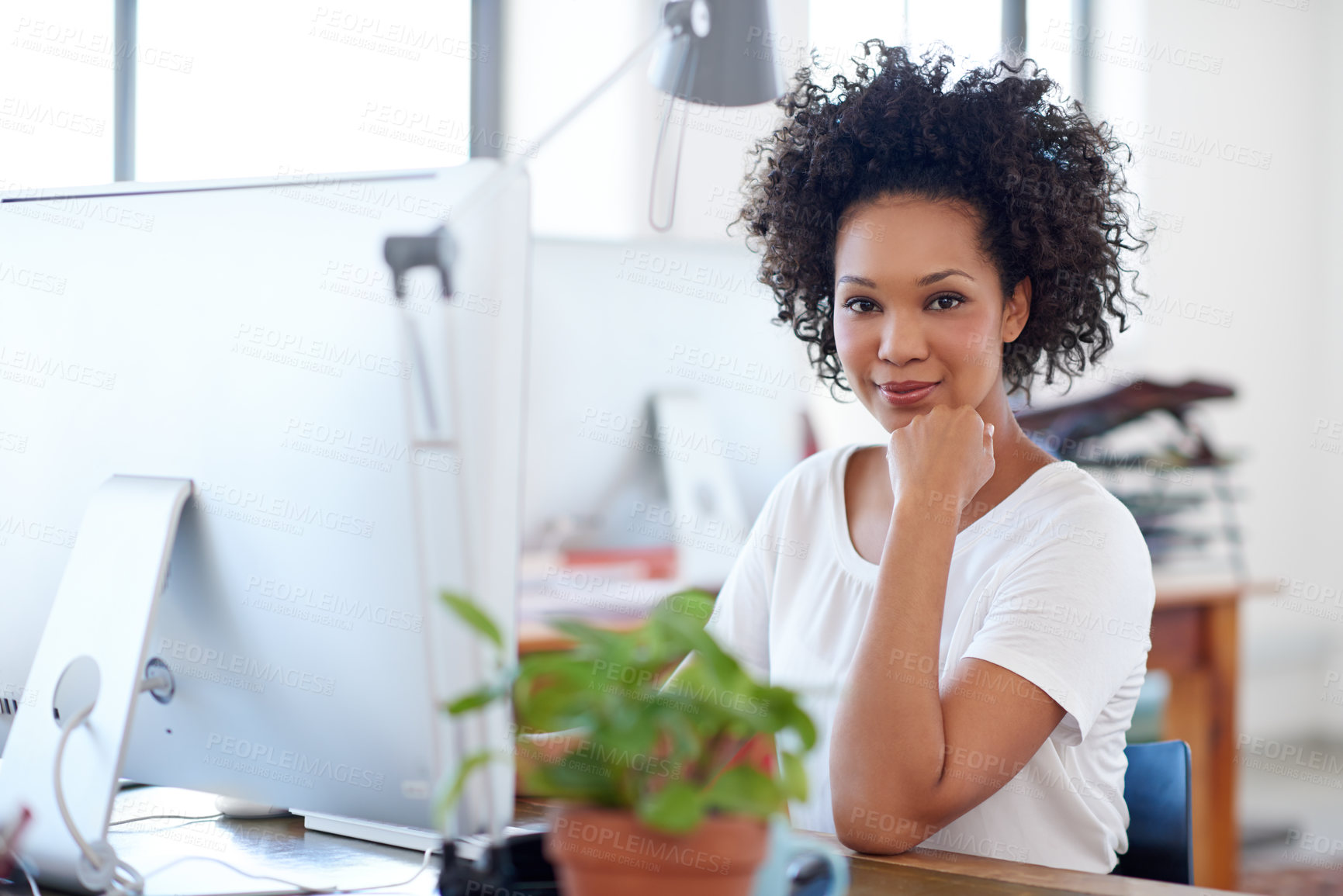 Buy stock photo Portrait, confident web designer or woman on computer for digital project development or problem solving. Proud, solution or African person typing on technology in creative agency or startup business