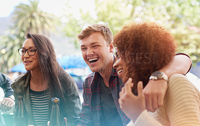 Buy stock photo Friends, laugh and happy together outdoor, relax at pub or restaurant with drinks for bonding and reunion. Funny story, catch up and social gathering with support, trust and care in friendship group