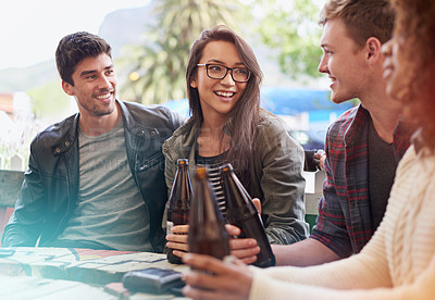 Buy stock photo People with alcohol, outdoor and laughing in pub, restaurant or drinks and reunion on weekend. Friends, men and women  with social gathering together, celebration and beers with happiness or joy 