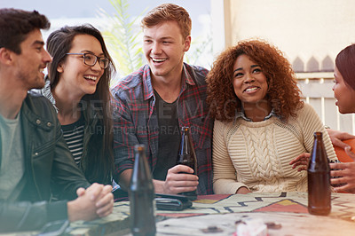 Buy stock photo People with alcohol, bonding or drunk in pub, restaurant outdoor or drinking at reunion on weekend. Friends, man and women with social gathering together, celebration and beer with happiness