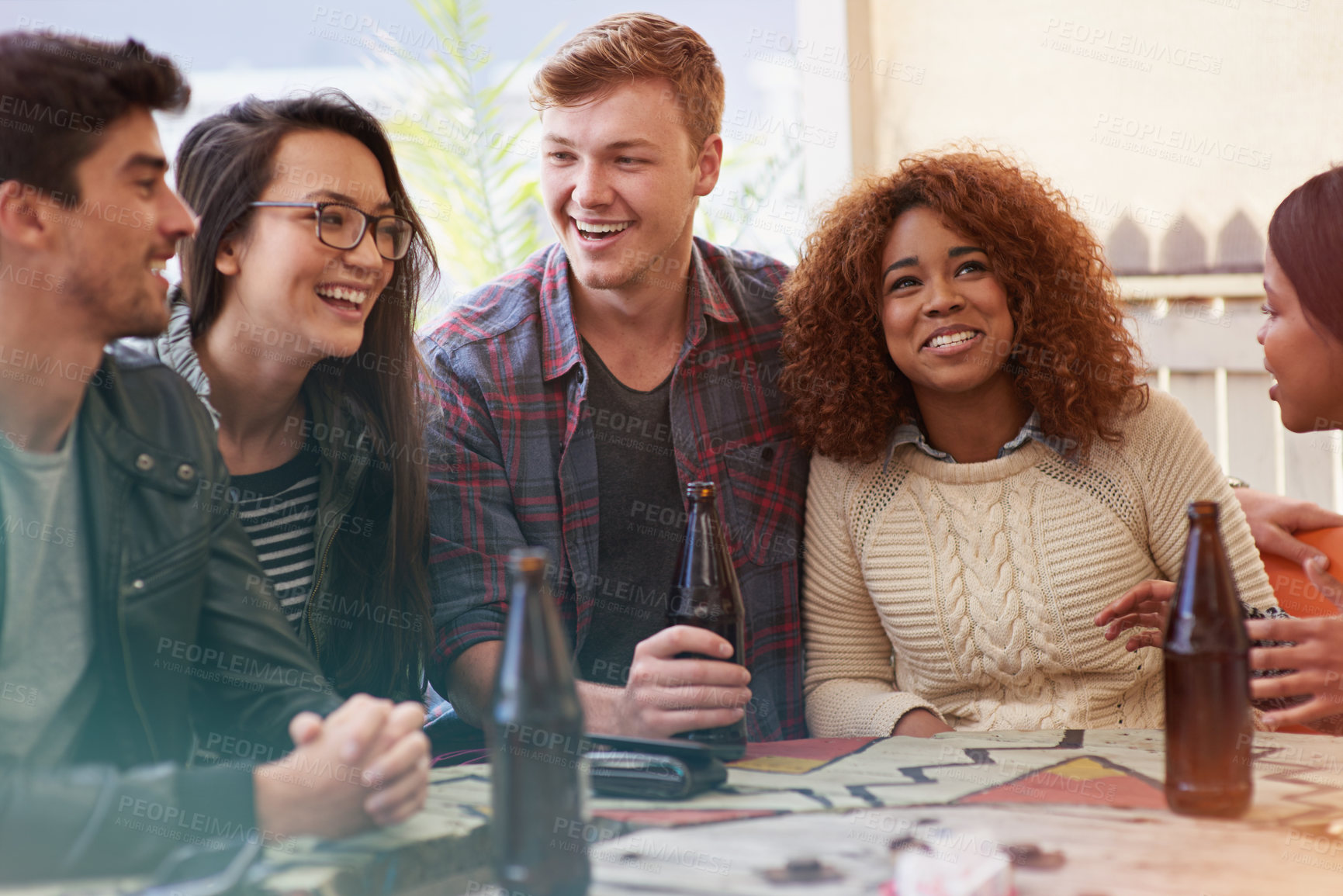 Buy stock photo People with alcohol, bonding or drunk in pub, restaurant outdoor or drinking at reunion on weekend. Friends, man and women with social gathering together, celebration and beer with happiness