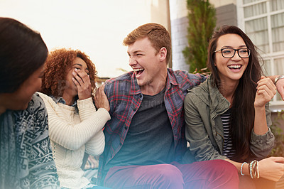 Buy stock photo Friends, laughing and happiness together outdoor, relax at restaurant for bonding and reunion with comedy. Funny story, catch up and social gathering with support, trust and care in friendship group