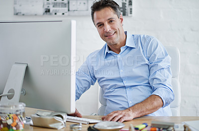 Buy stock photo Portrait, entrepreneur and man with smile in office, computer and internet for email, proposal and deal. Designer, CEO and  person in business, monitor and digital for website, online and creative