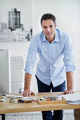 Buy stock photo Portrait, entrepreneur and man ready for working, computer and internet for email, proposal and deal. Designer, CEO and  person in business, monitor and digital for website, online and creative