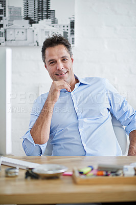 Buy stock photo Portrait, entrepreneur and man with pride in office, computer and internet for email, proposal and deal. Designer, CEO and  person in business, monitor and digital for website, online and creative