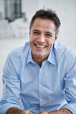 Buy stock photo Portrait, entrepreneur and man with smile in office, face and happiness for startup of agency for design. Workplace, creative and person with joy for deal, growth and development for business