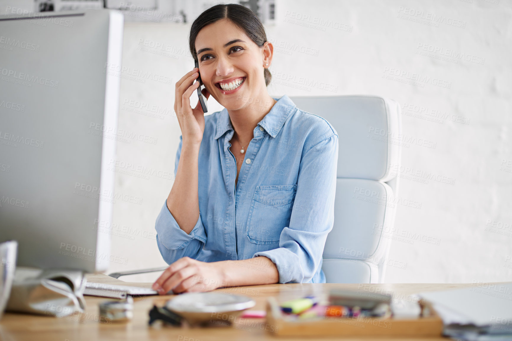 Buy stock photo Businesswoman, office and phone call by desk in portrait for career, web designer with computer for job. Female creative, table and happiness for remote work with mobile, tech for website development