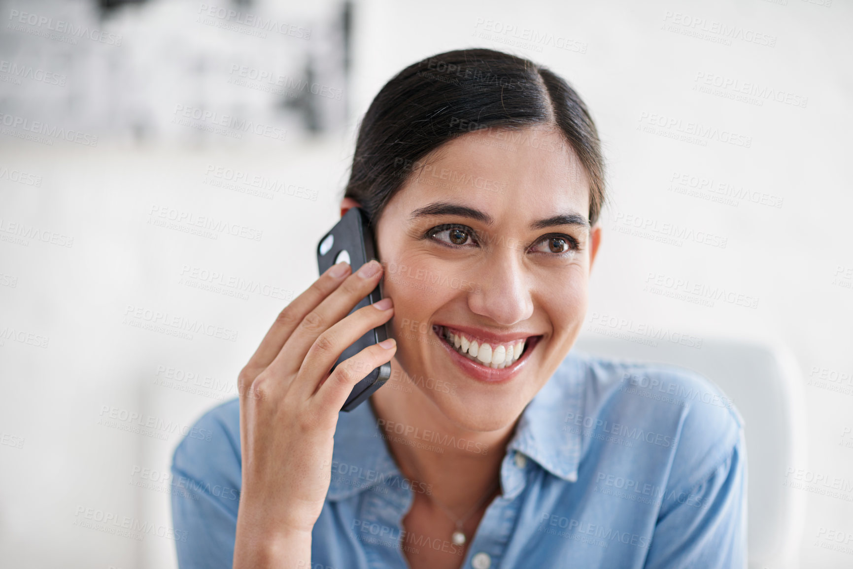 Buy stock photo Businesswoman, phone call and happiness for communication in office for networking, conversation or chat. Creative person, designer and smartphone with discussion, talking and consulting in workplace