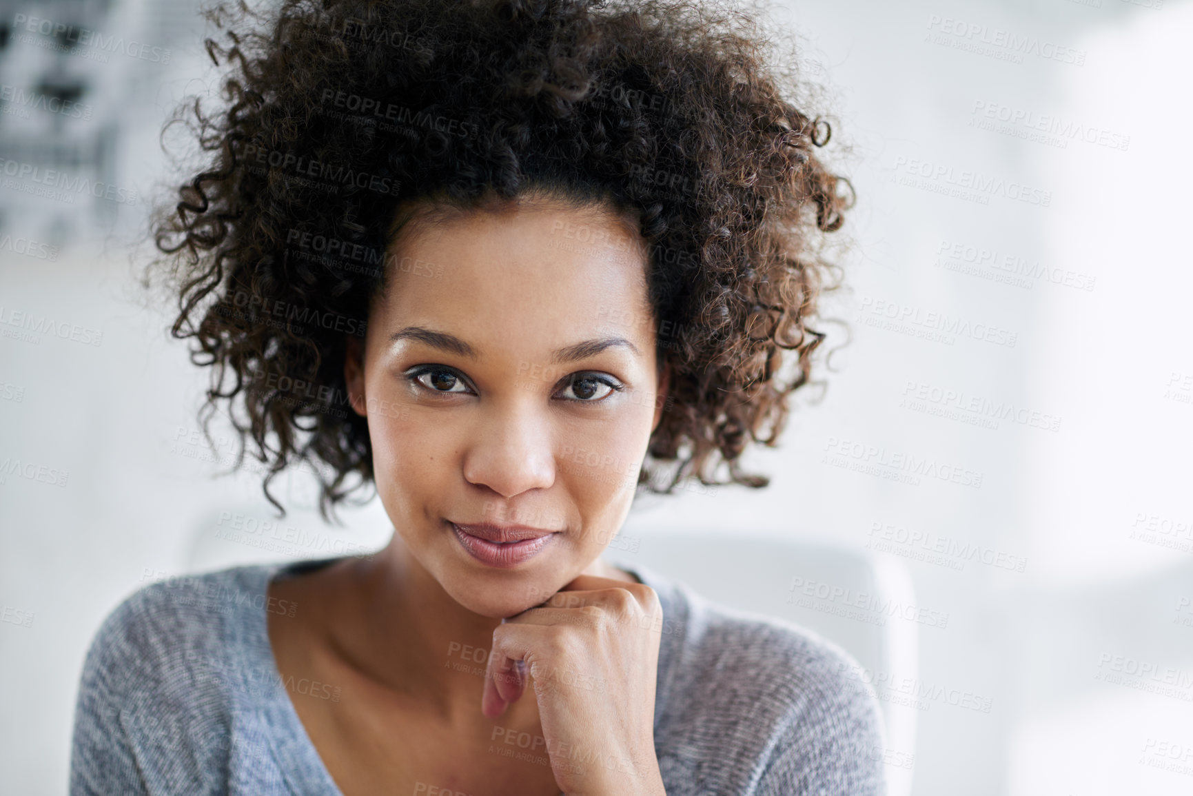 Buy stock photo Portrait, employee and black woman in office, business and happy with startup, career ambition and confidence. African person, face and entrepreneur with pride, journalist and magazine editor