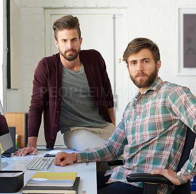 Buy stock photo Office, monitor and portrait of business people with teamwork for research, support and collaboration. Digital agency, men and writer by desk with tech for journalist internship, editing and training